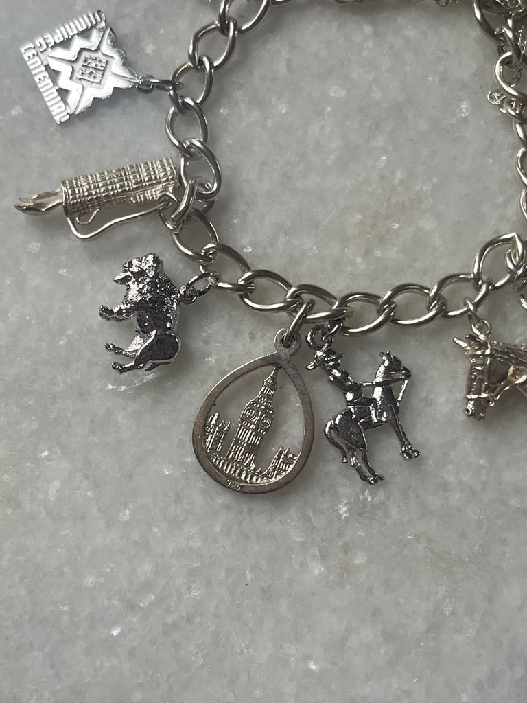 Sterling Silver Charm Bracelet with 10 Charms and Heart Padlock