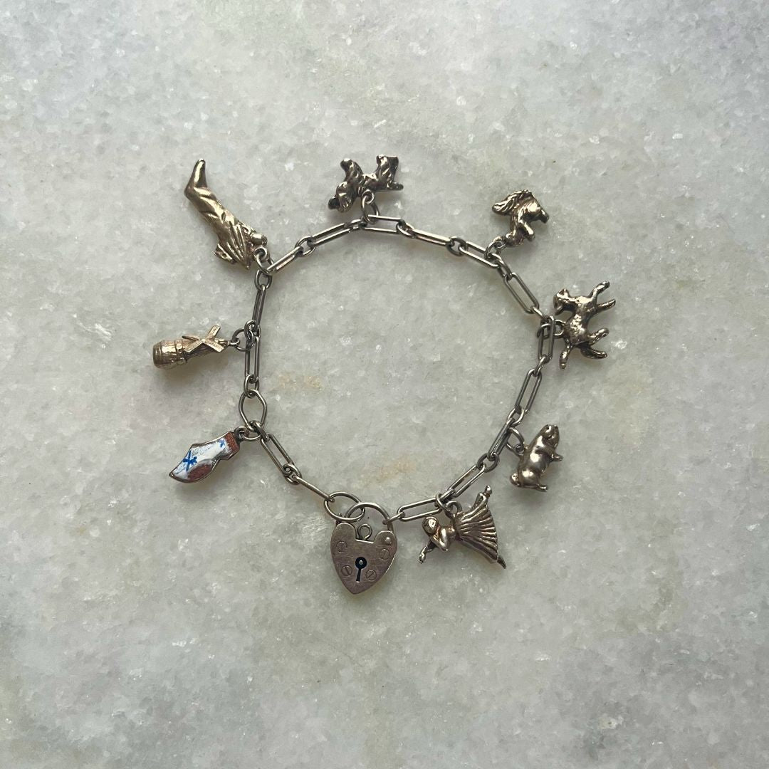 Vintage Sterling Silver Slim Charm Bracelet with 8 Charms and Heart Padlock