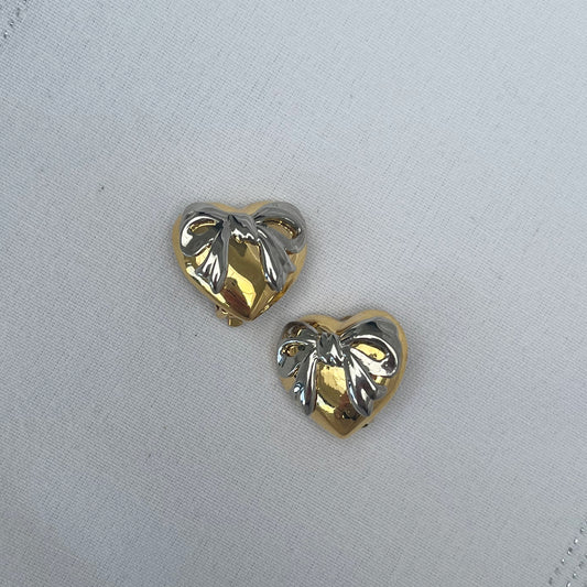 Gold and Silver Tone Heart and Bow Clip On Earrings