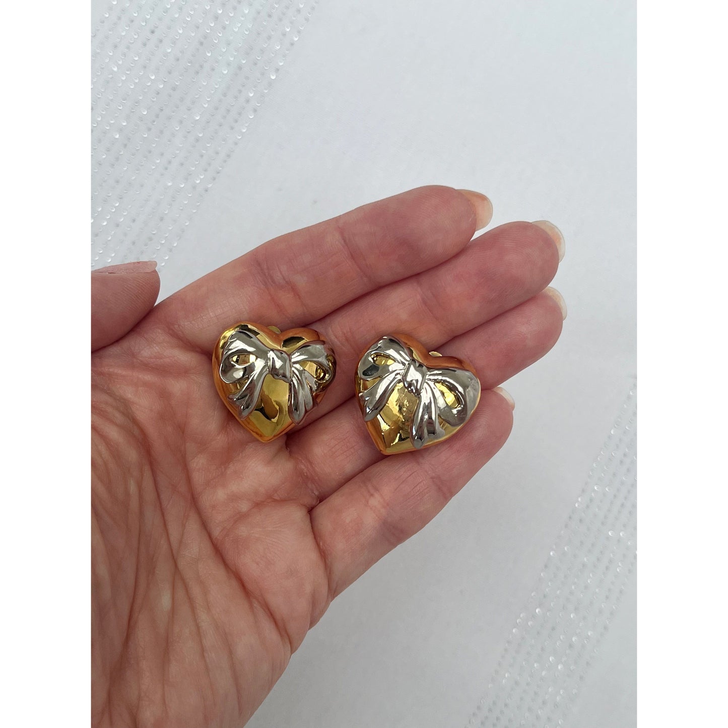 Gold and Silver Tone Heart and Bow Clip On Earrings