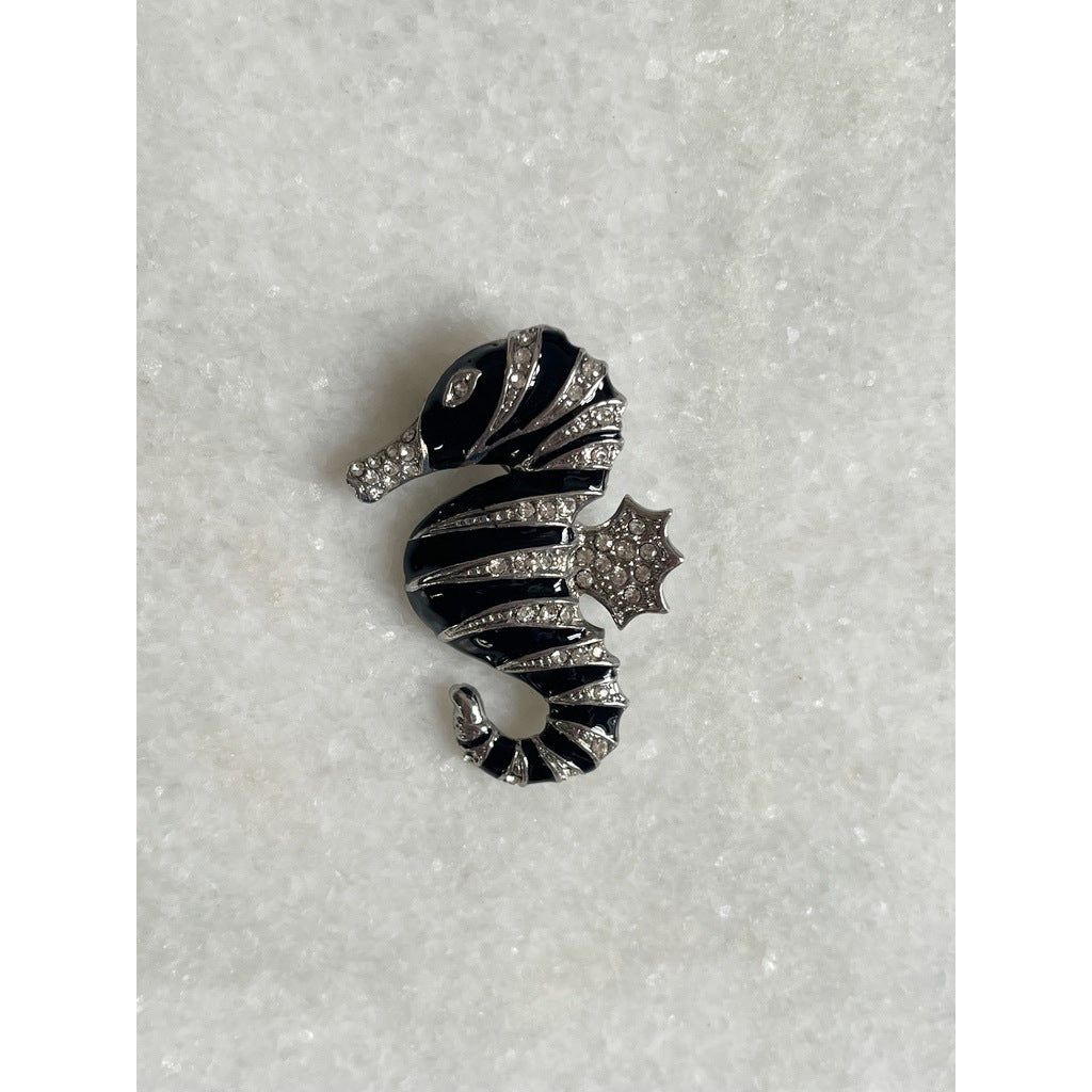 Black Enamel and Rhinestones Striped Seahorse Brooch