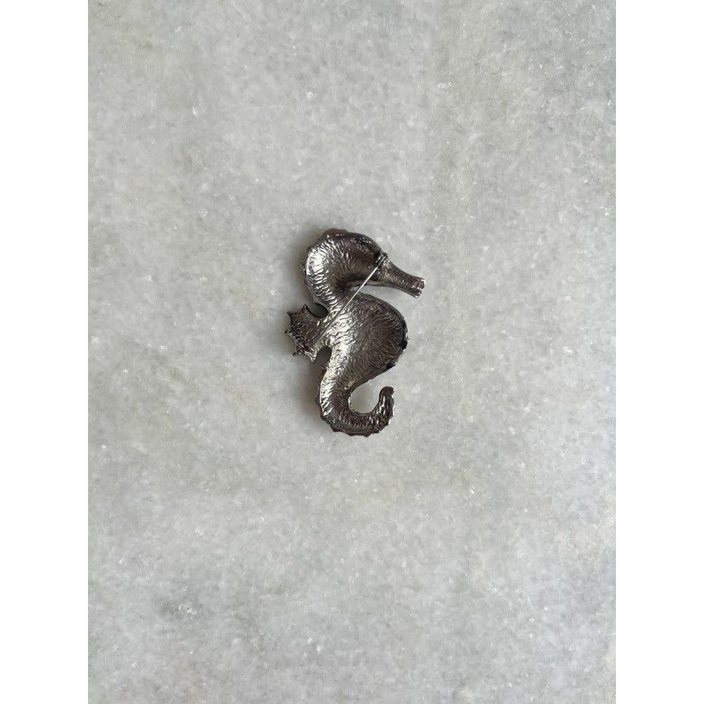 Black Enamel and Rhinestones Striped Seahorse Brooch