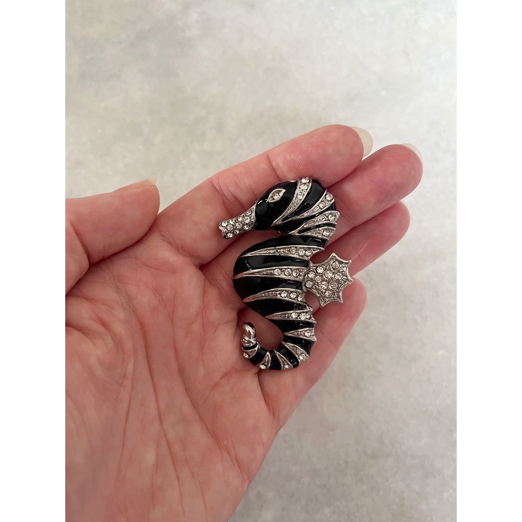 Black Enamel and Rhinestones Striped Seahorse Brooch