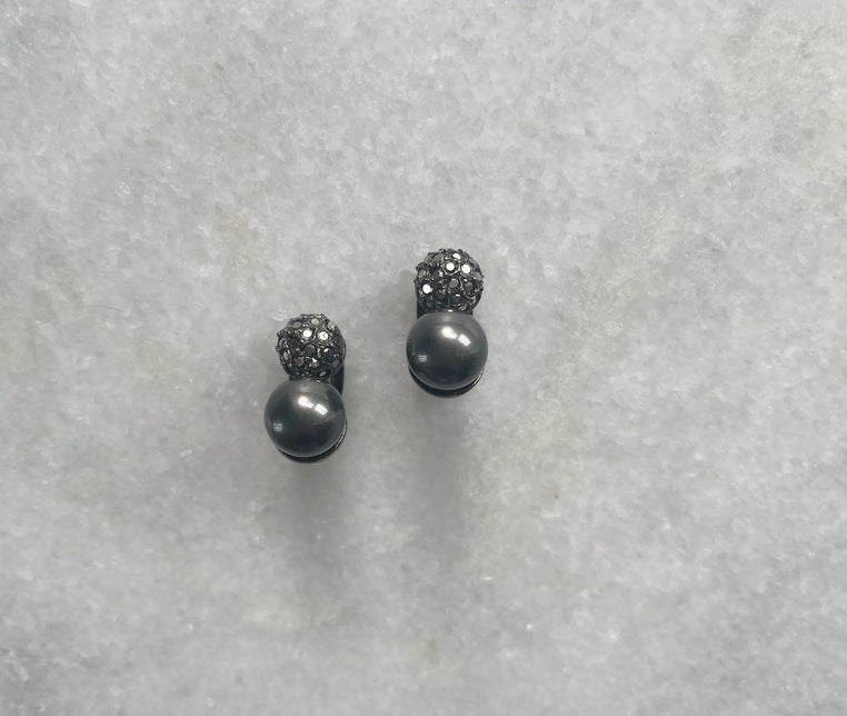 Kenneth Lane Space Grey Faux Pearl and Rhinestone Clip On Earrings