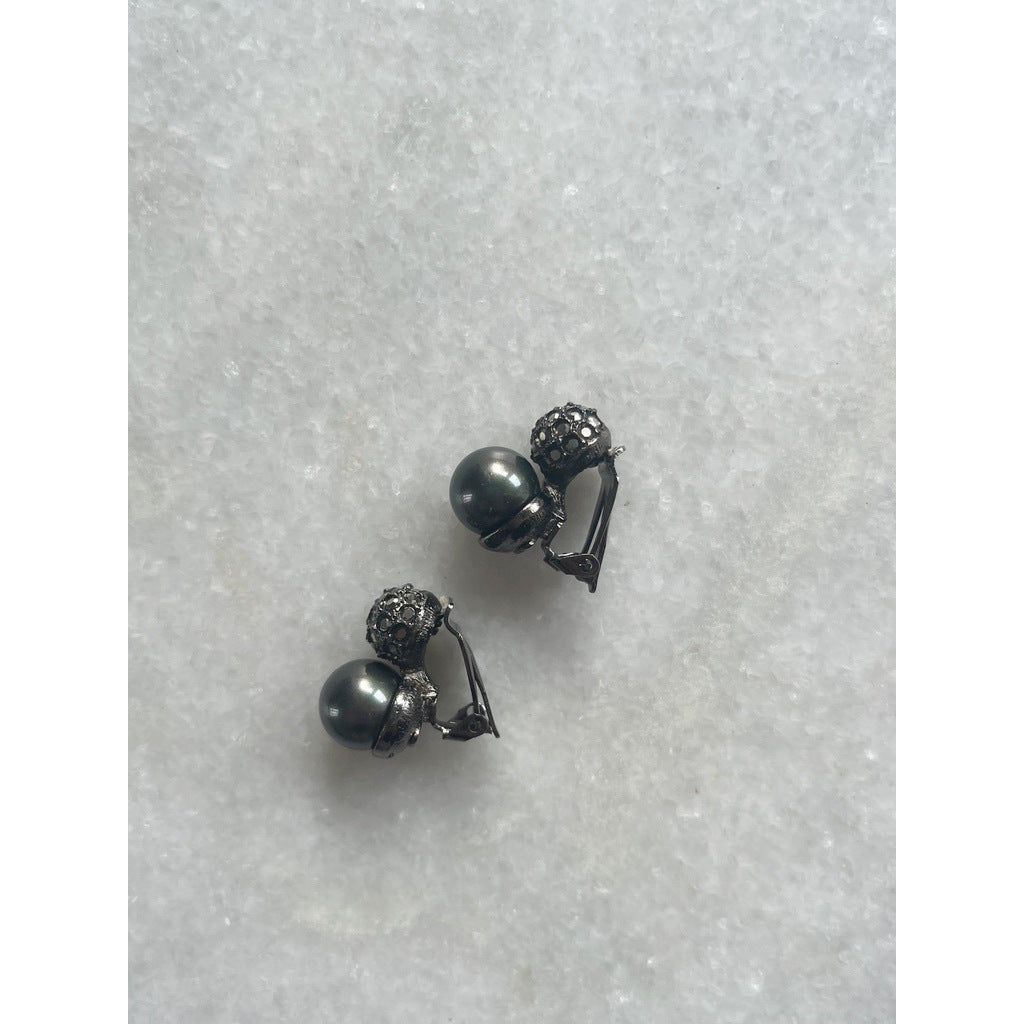 Kenneth Lane Space Grey Faux Pearl and Rhinestone Clip On Earrings