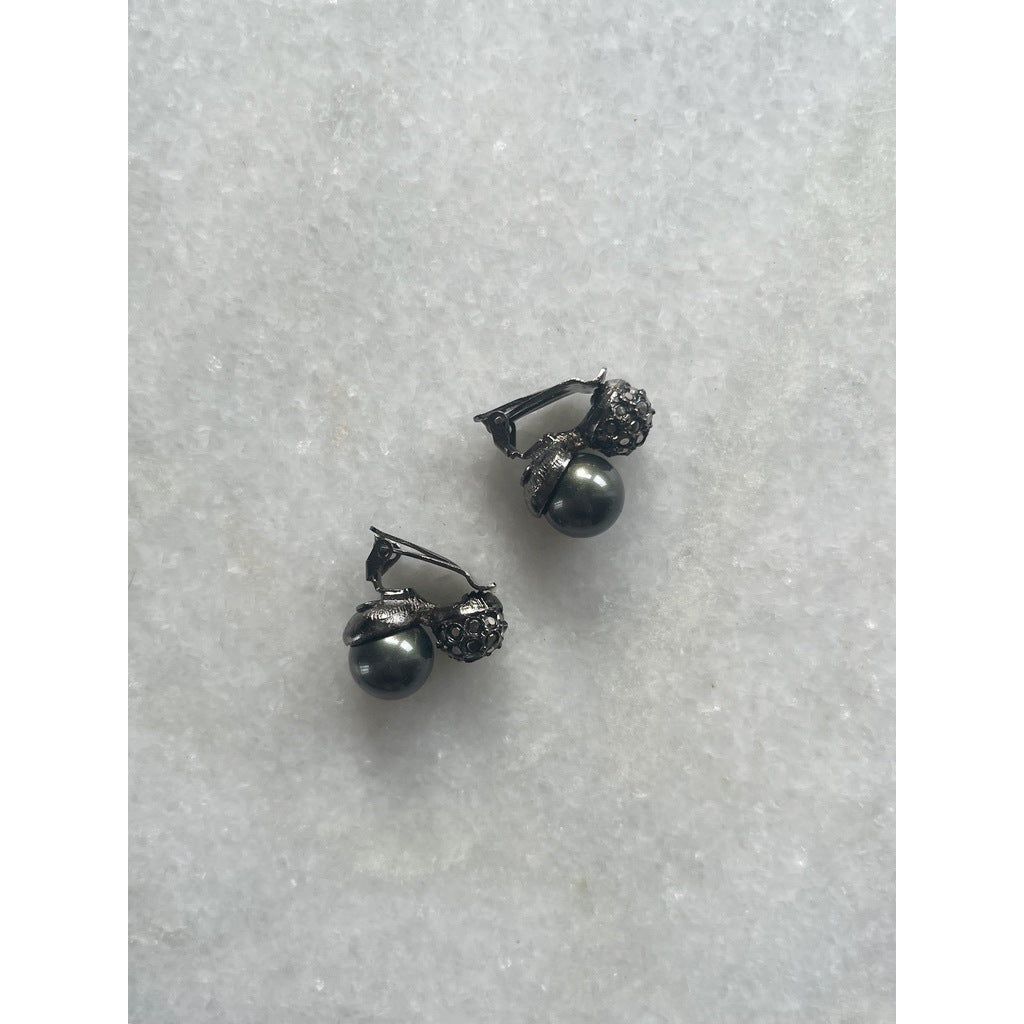 Kenneth Lane Space Grey Faux Pearl and Rhinestone Clip On Earrings