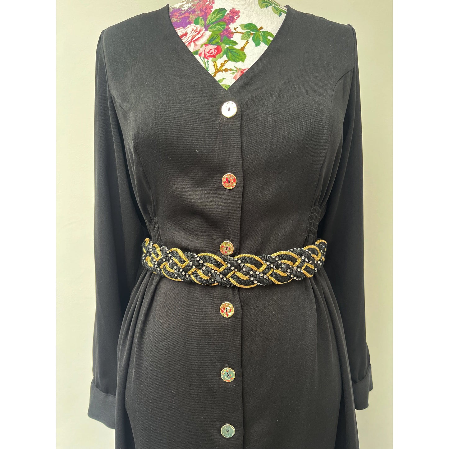 Black, Gold and Rhinestone Plaited Woven Belt by Gutos