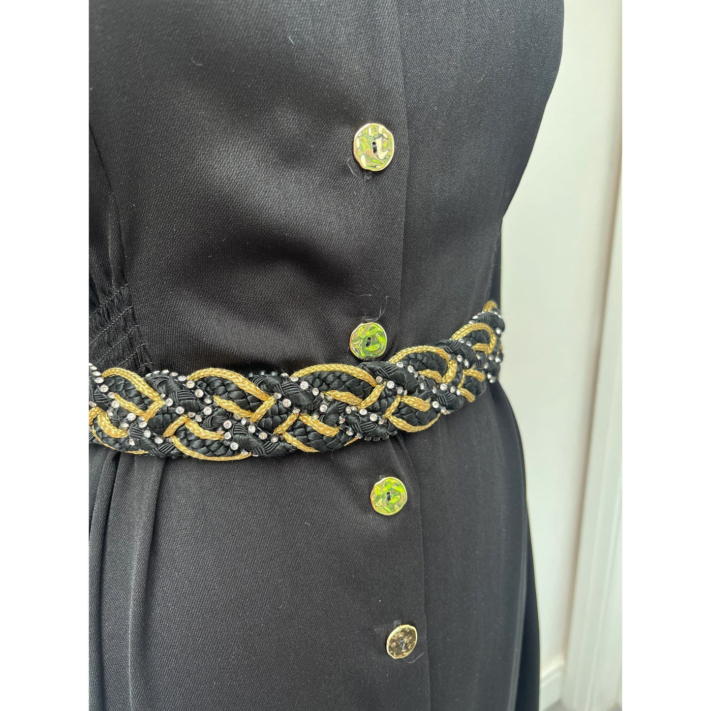 Black, Gold and Rhinestone Plaited Woven Belt by Gutos