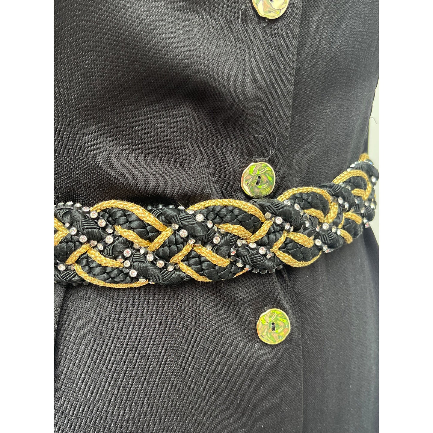Black, Gold and Rhinestone Plaited Woven Belt by Gutos
