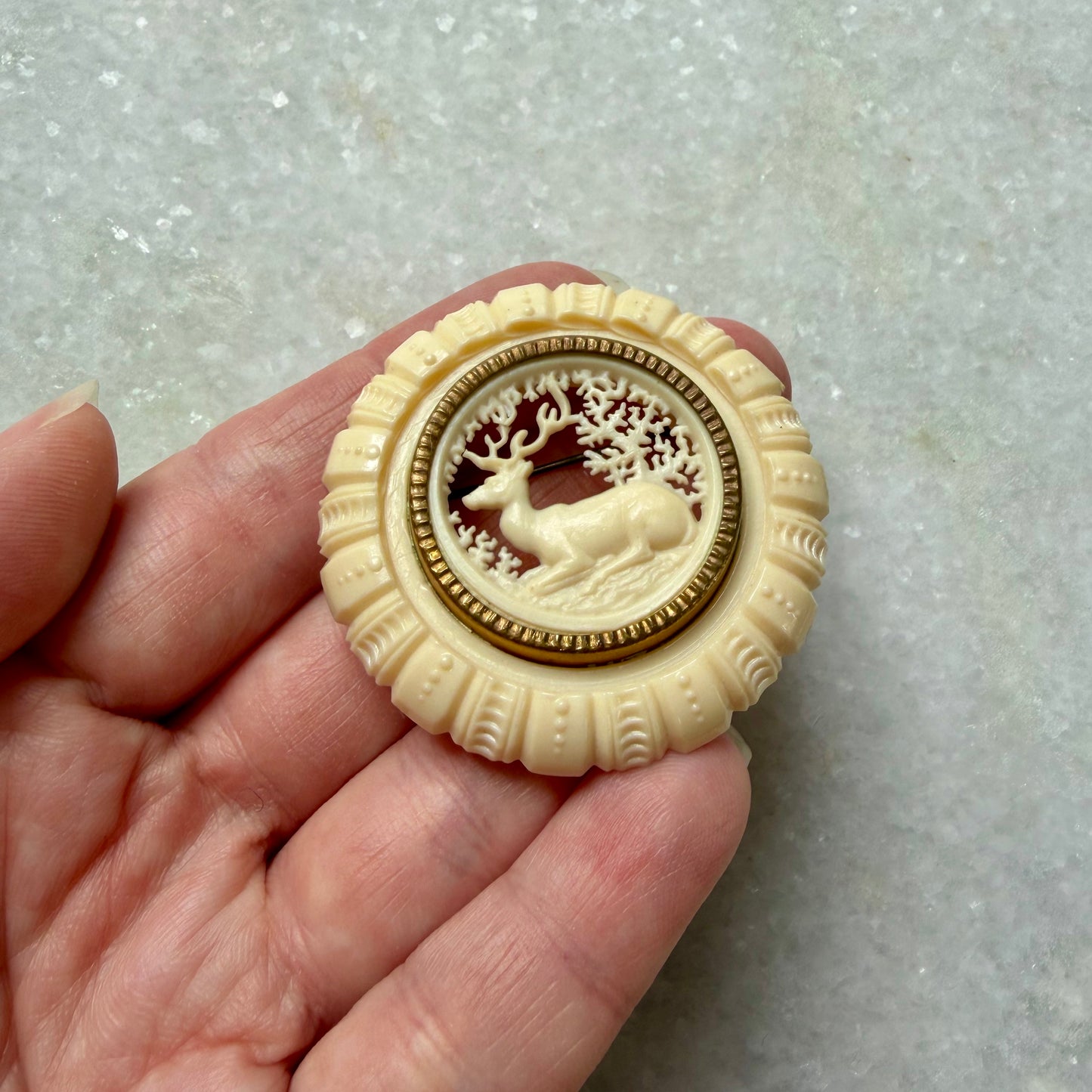 1930s-1940s Carved Celluloid Deer/Stag Forest Brooch