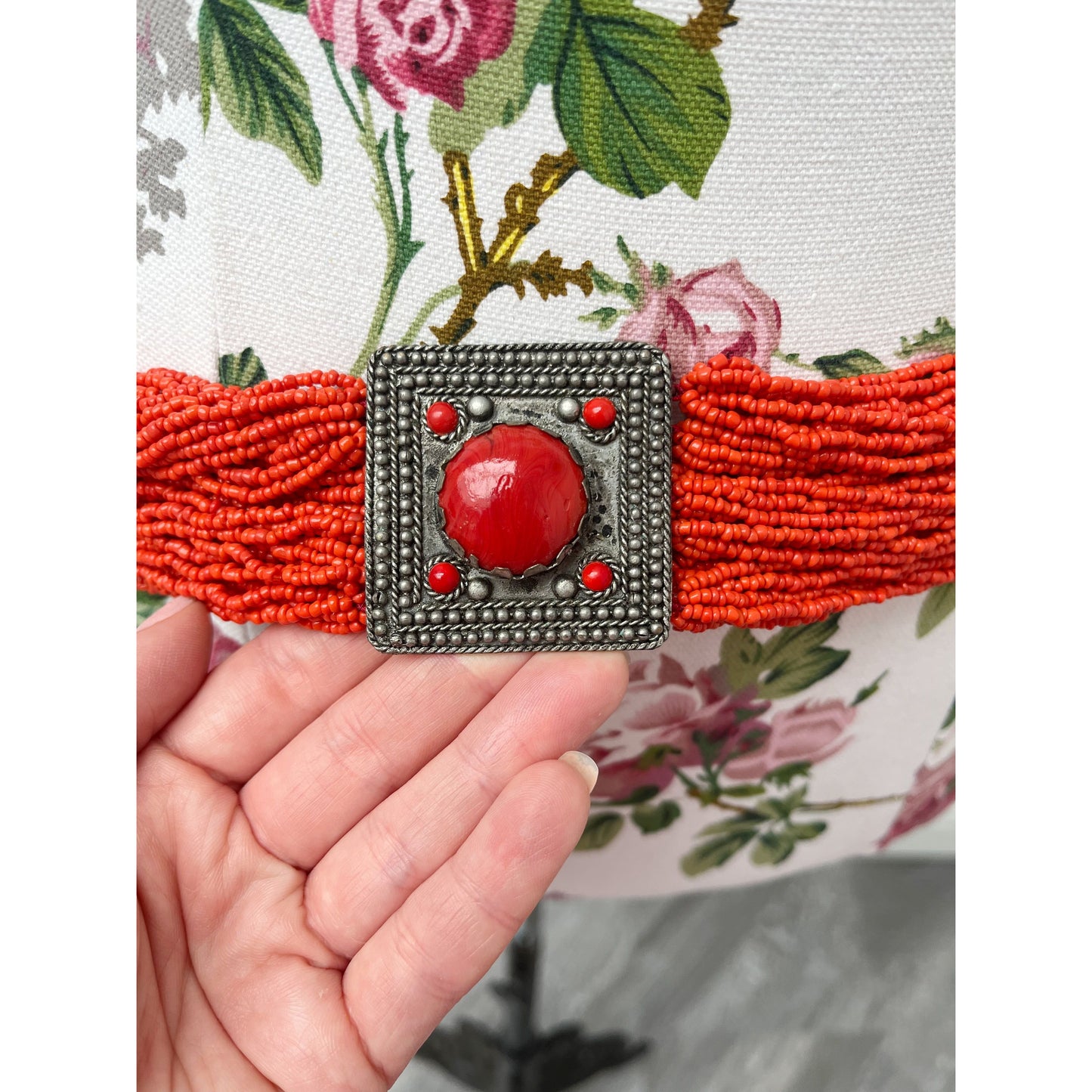 Boho Heavy Red Beaded Belt with Silver Panels
