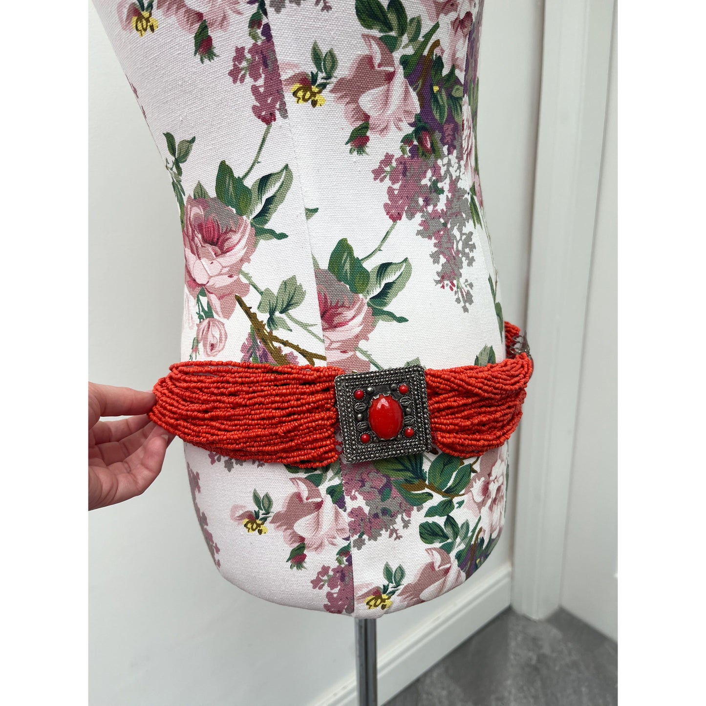 Boho Heavy Red Beaded Belt with Silver Panels