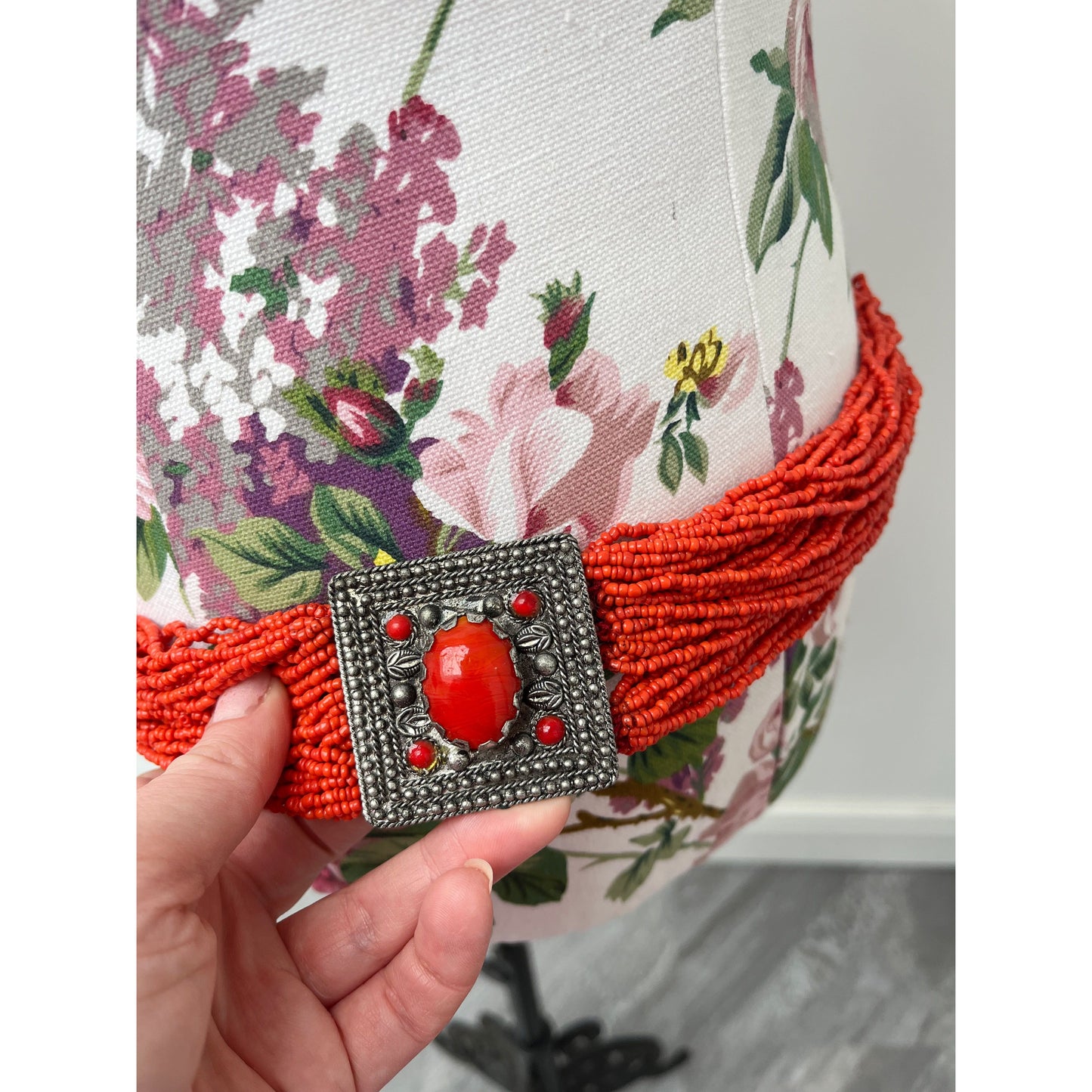 Boho Heavy Red Beaded Belt with Silver Panels
