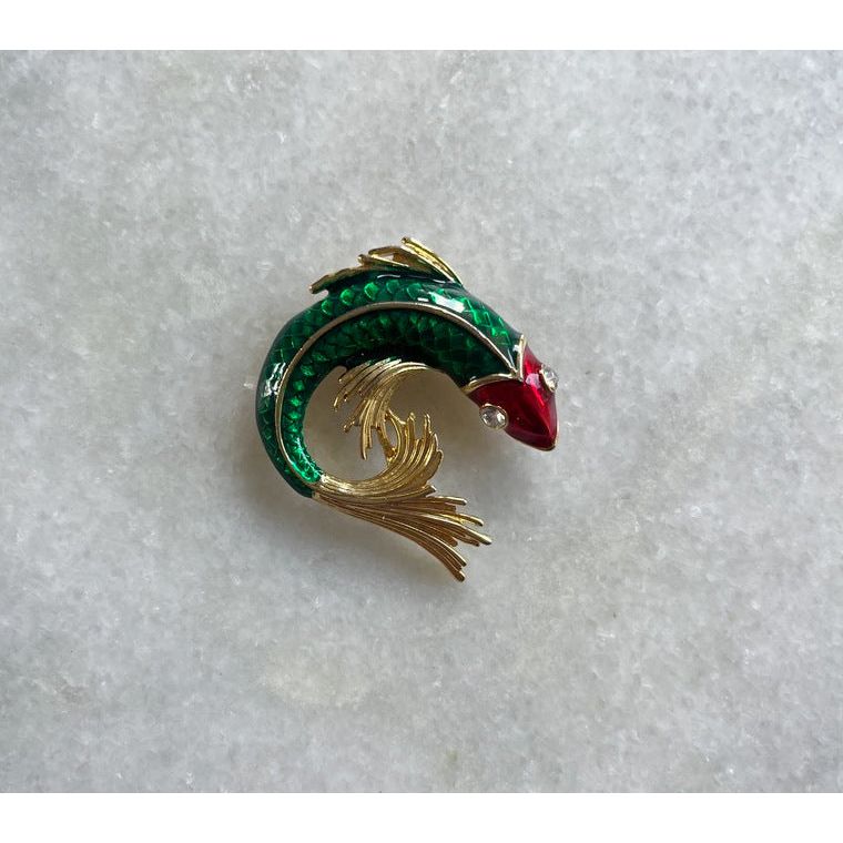 Vibrant Green and Red Enamel Fish Brooch