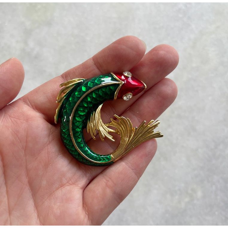 Vibrant Green and Red Enamel Fish Brooch