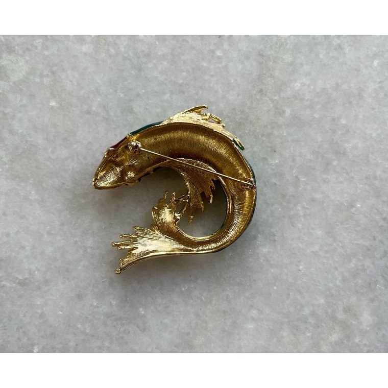 Vibrant Green and Red Enamel Fish Brooch