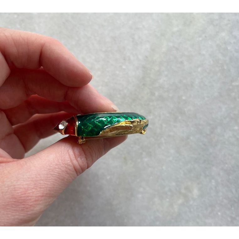 Vibrant Green and Red Enamel Fish Brooch