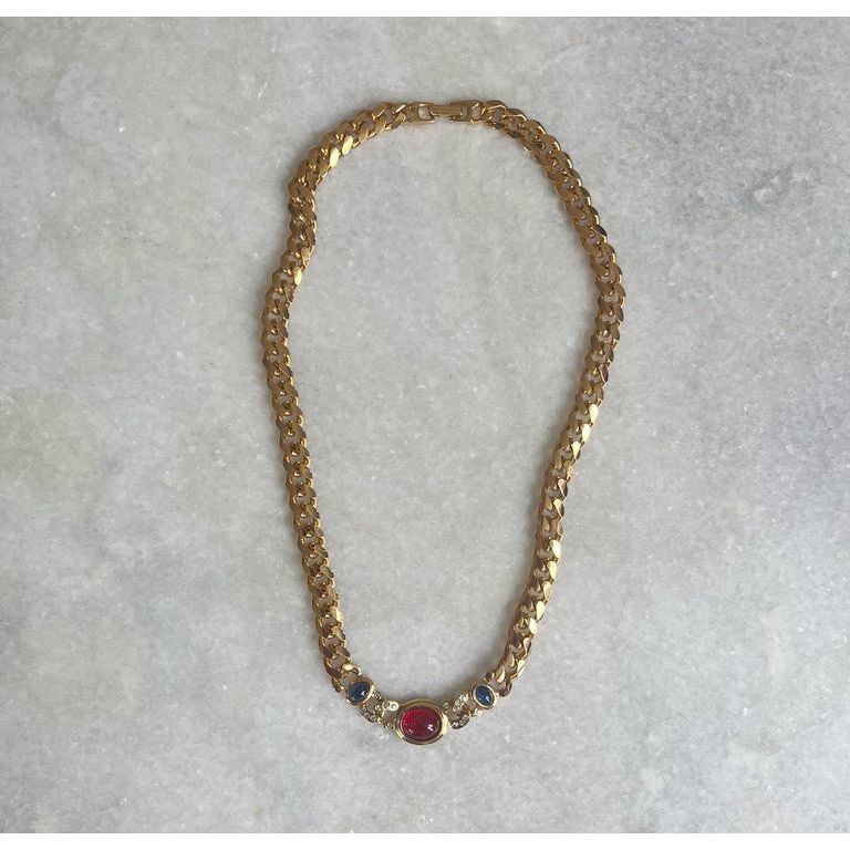 1980s Gold Tone Curb Chain Necklace with Red and Blue Cabochons