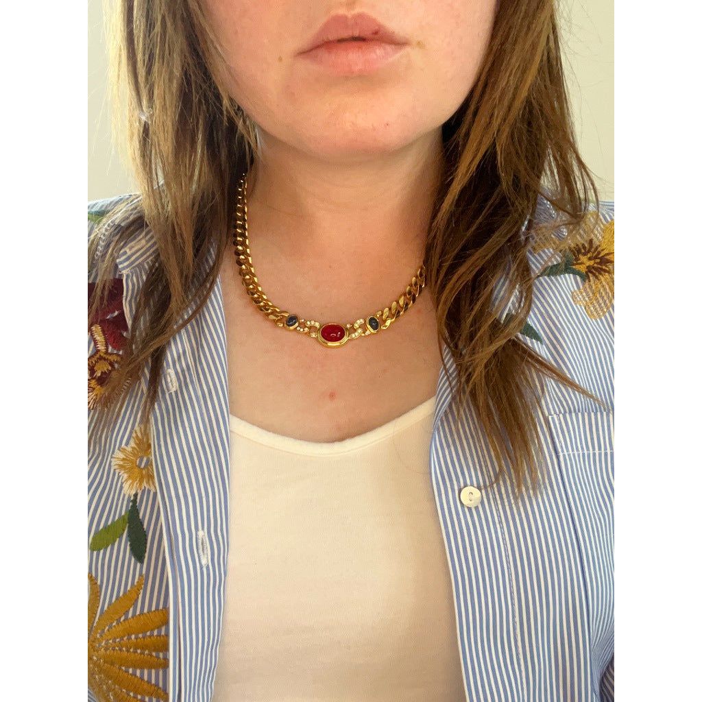 1980s Gold Tone Curb Chain Necklace with Red and Blue Cabochons