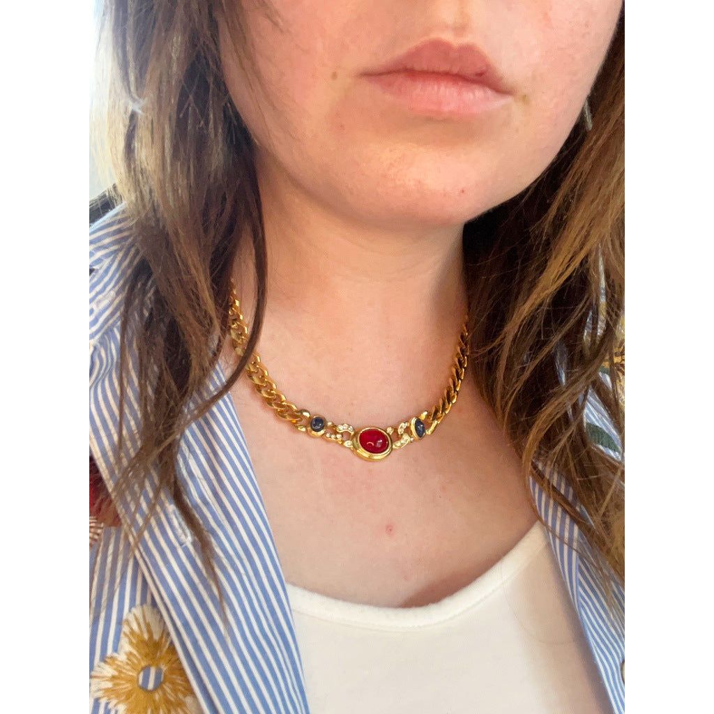 1980s Gold Tone Curb Chain Necklace with Red and Blue Cabochons