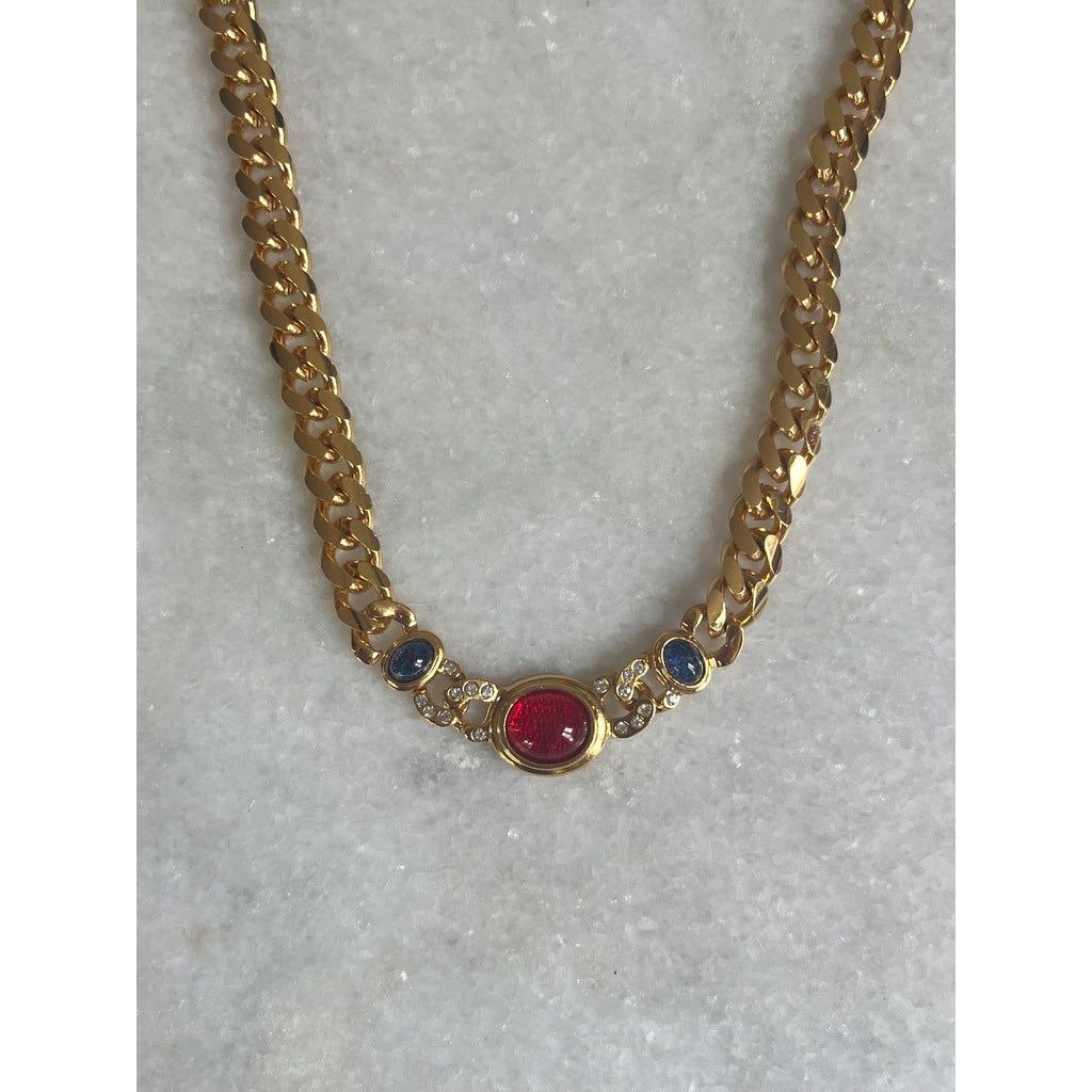 1980s Gold Tone Curb Chain Necklace with Red and Blue Cabochons