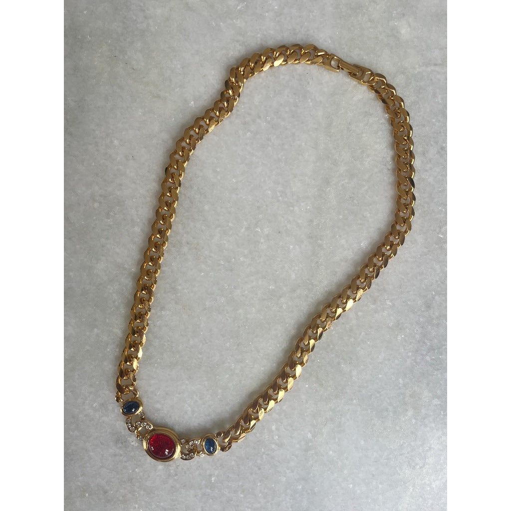 1980s Gold Tone Curb Chain Necklace with Red and Blue Cabochons