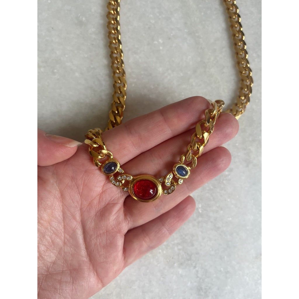 1980s Gold Tone Curb Chain Necklace with Red and Blue Cabochons
