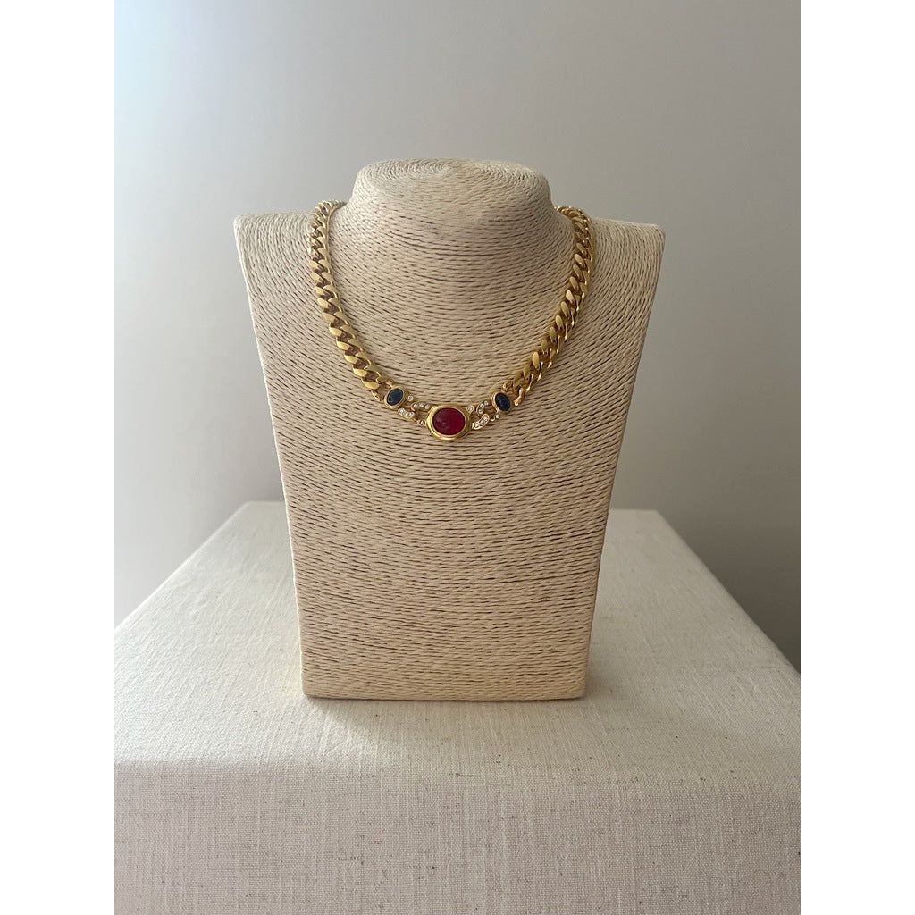 1980s Gold Tone Curb Chain Necklace with Red and Blue Cabochons