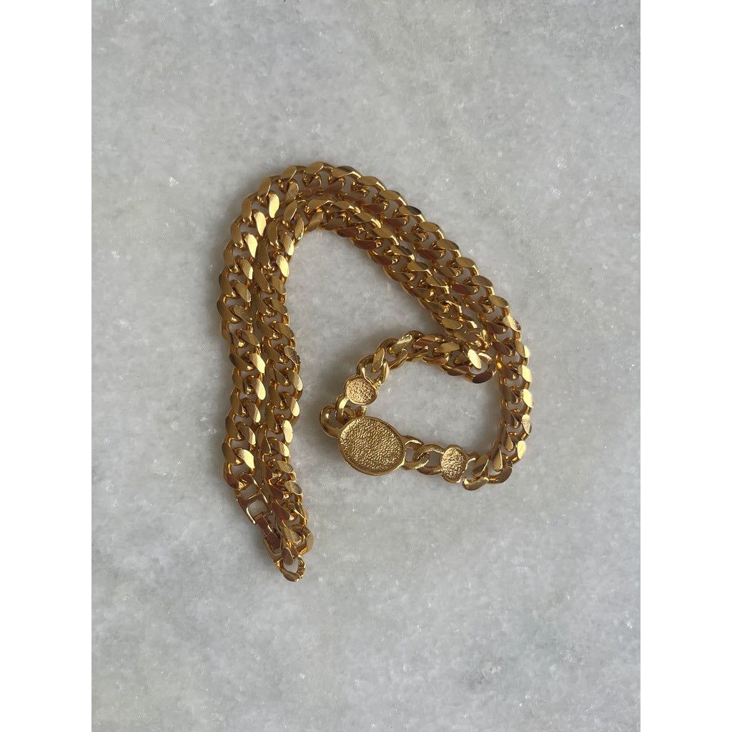 1980s Gold Tone Curb Chain Necklace with Red and Blue Cabochons