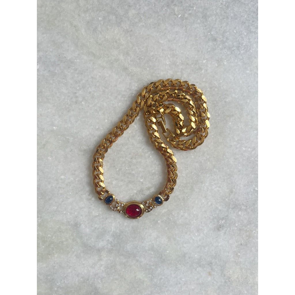 1980s Gold Tone Curb Chain Necklace with Red and Blue Cabochons