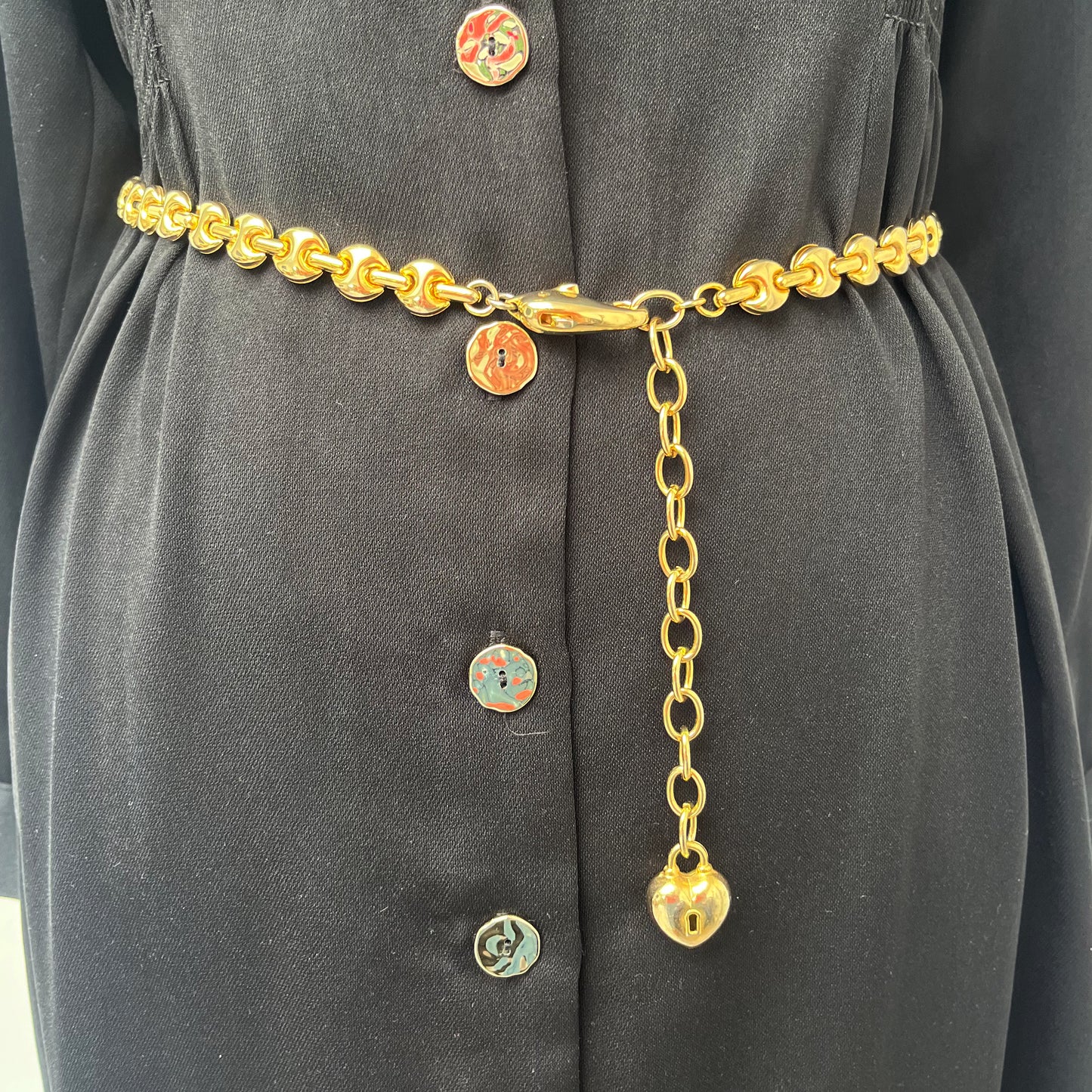 1980s Gold Tone Mariner Link Heart and Dolphin Charm Chain Belt