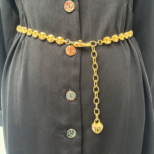 1980s Gold Tone Mariner Link Heart and Dolphin Charm Chain Belt