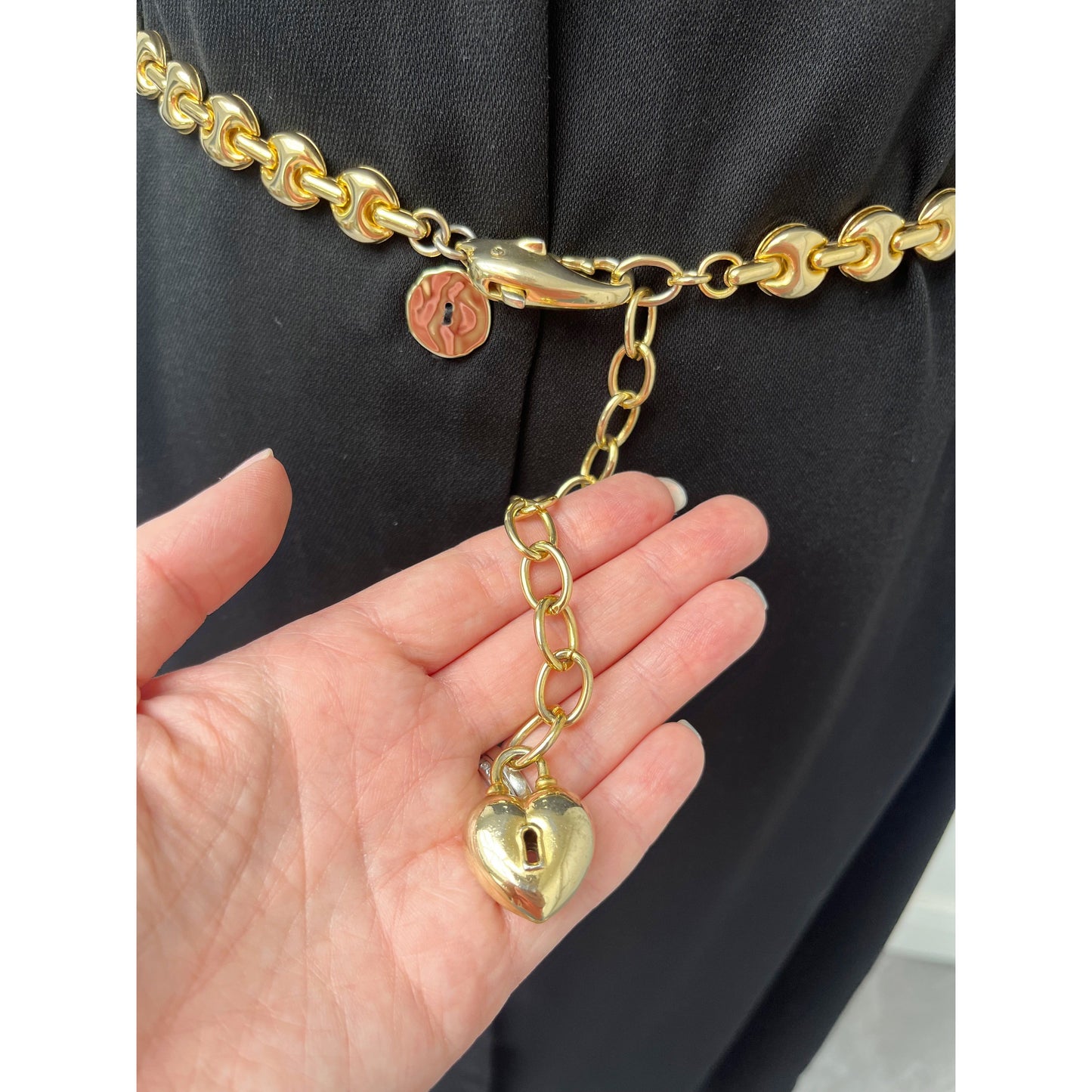 1980s Gold Tone Mariner Link Heart and Dolphin Charm Chain Belt