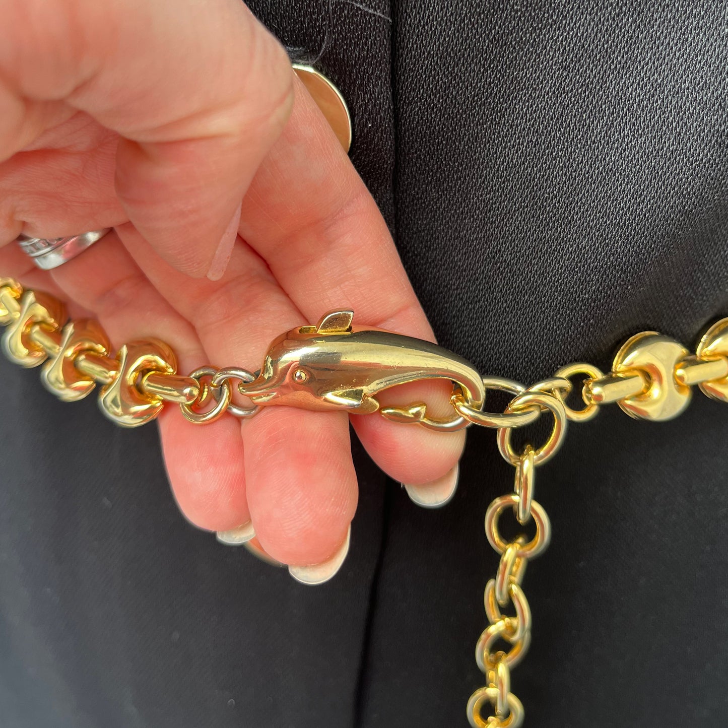 1980s Gold Tone Mariner Link Heart and Dolphin Charm Chain Belt