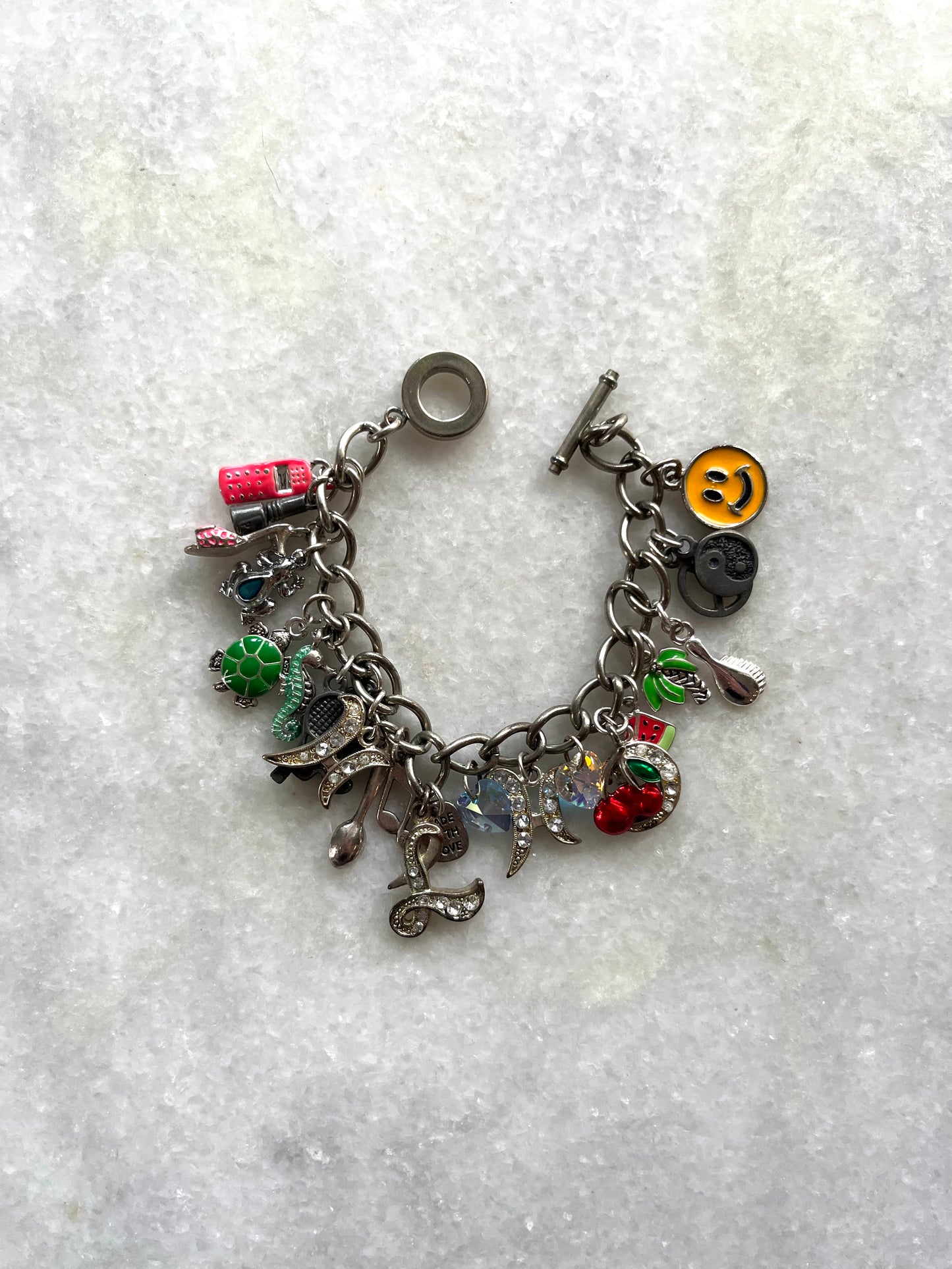 Modern Y2K Style Silver Tone Loaded Multi Charm Bracelet