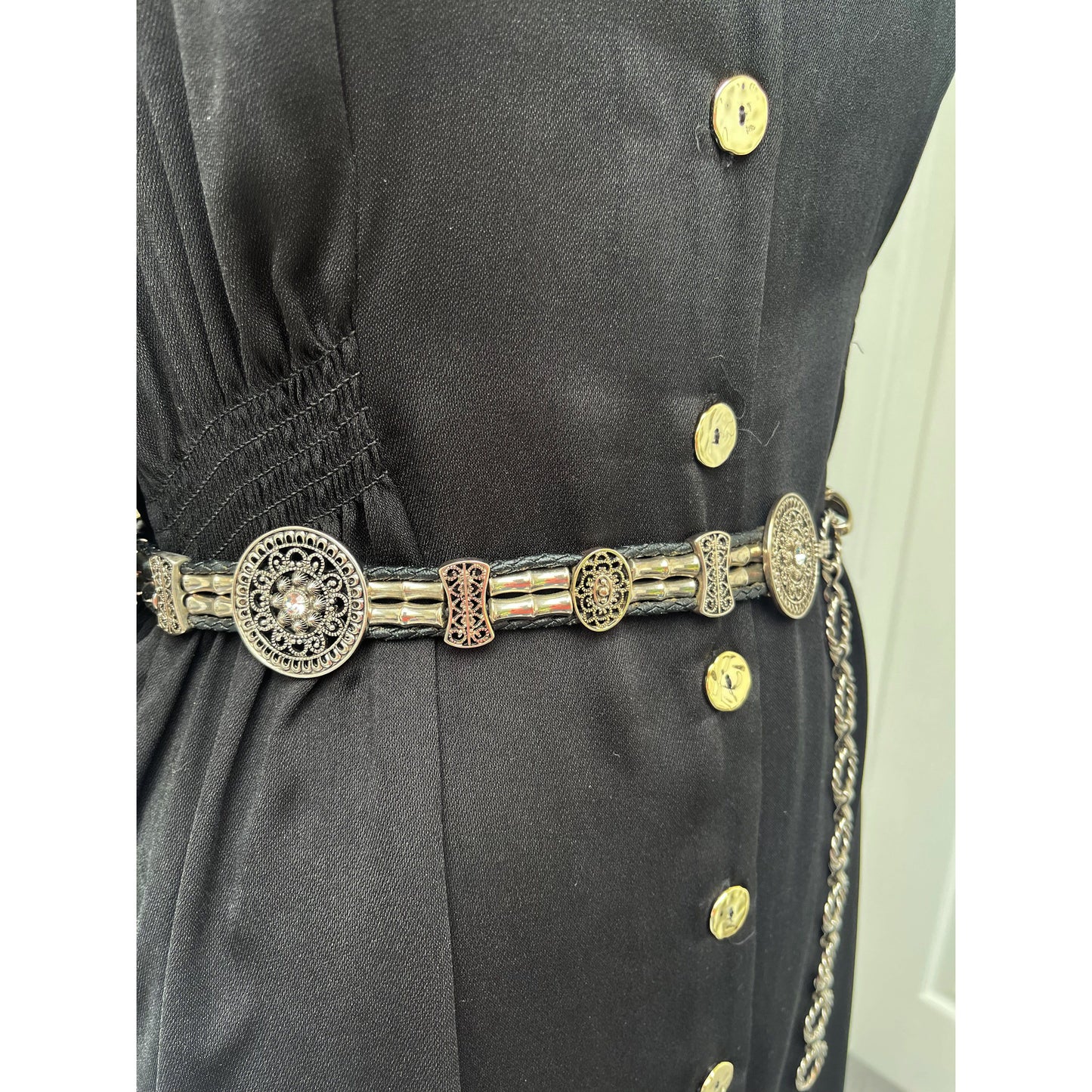 Silver Tone Bamboo and Rhinestone Disc Faux Leather Belt