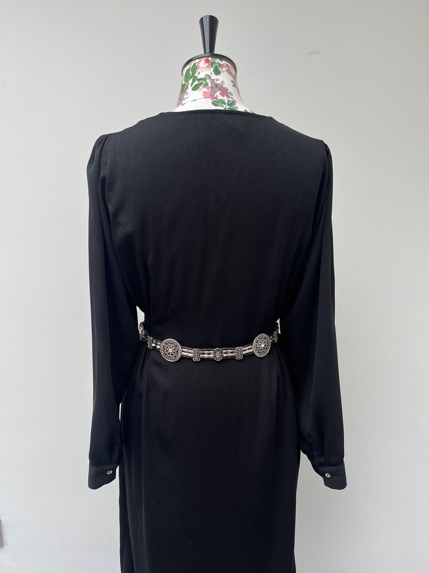 Silver Tone Bamboo and Rhinestone Disc Faux Leather Belt