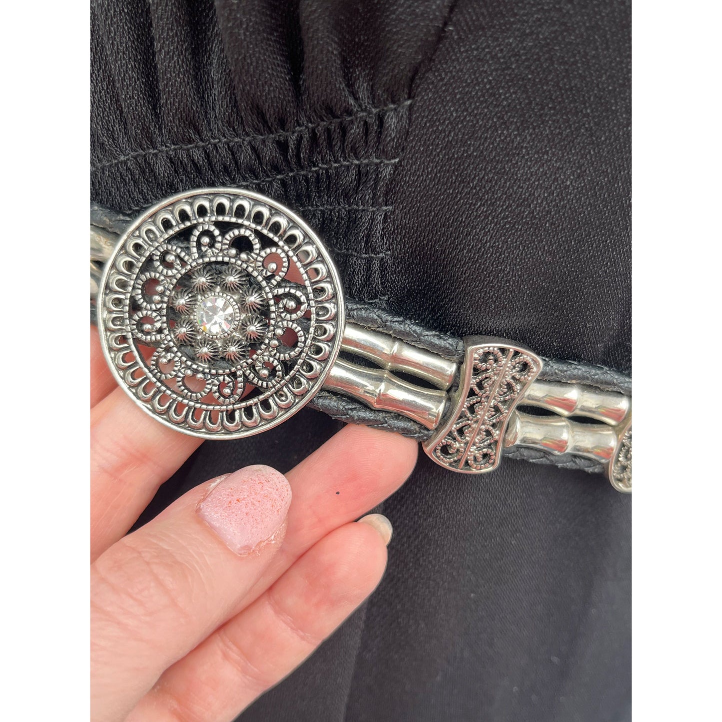Silver Tone Bamboo and Rhinestone Disc Faux Leather Belt