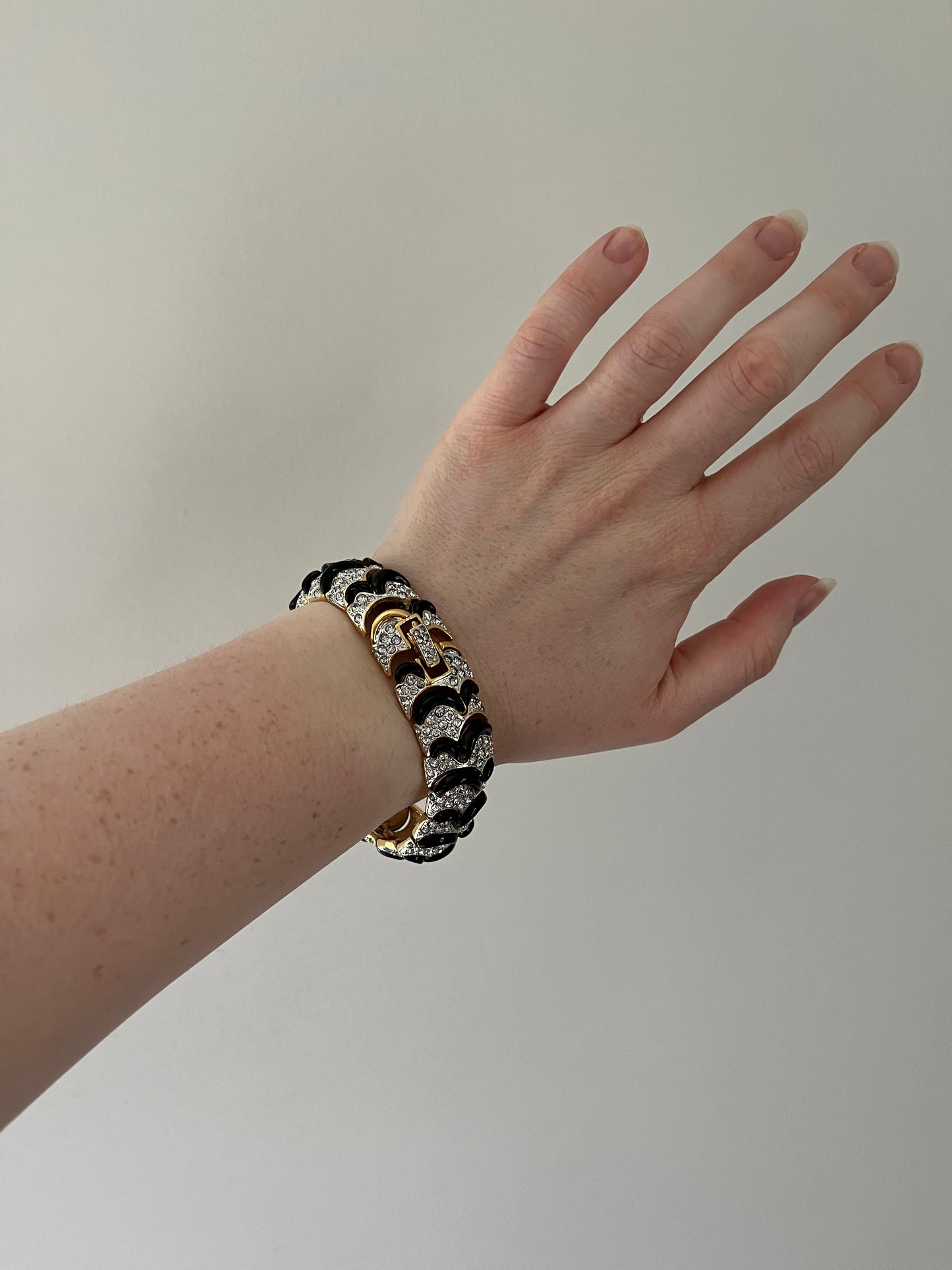 Vintage Rhinestone Encrusted Silver and Black Articulated Bracelet