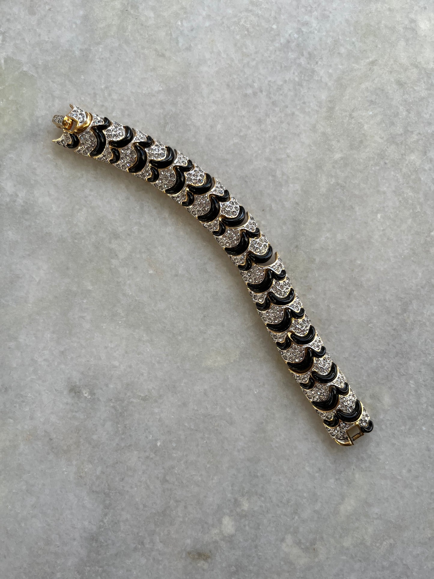 Vintage Rhinestone Encrusted Silver and Black Articulated Bracelet