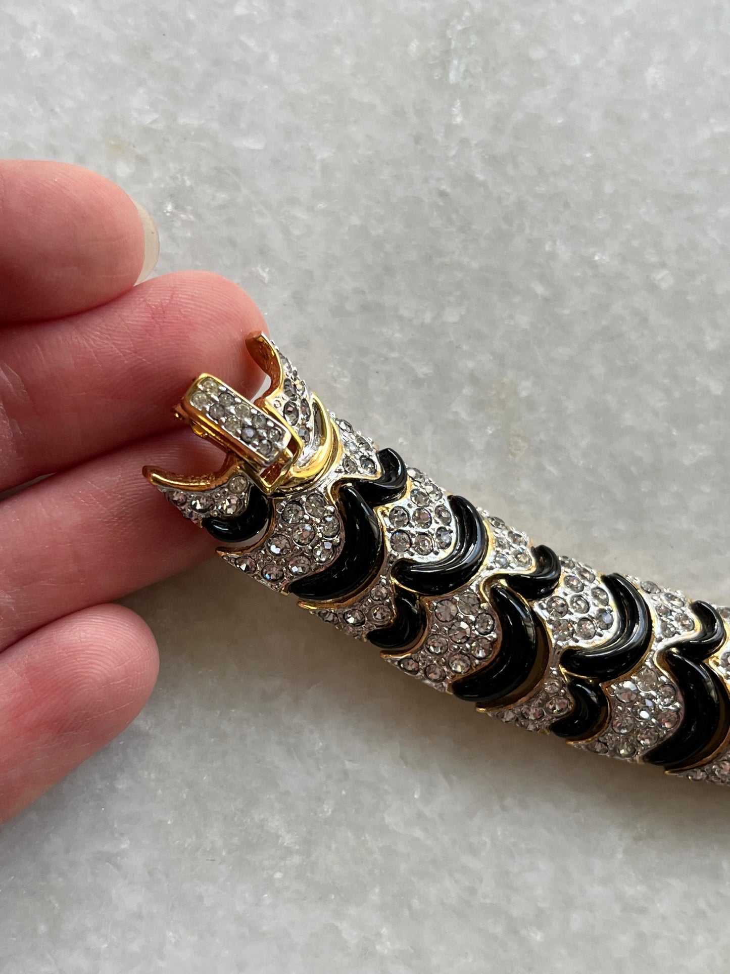 Vintage Rhinestone Encrusted Silver and Black Articulated Bracelet