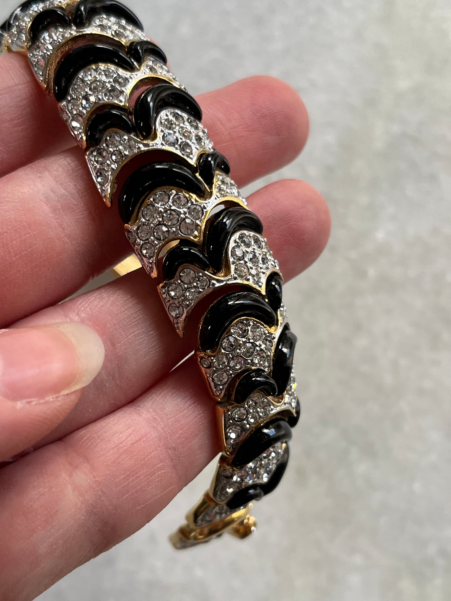 Vintage Rhinestone Encrusted Silver and Black Articulated Bracelet
