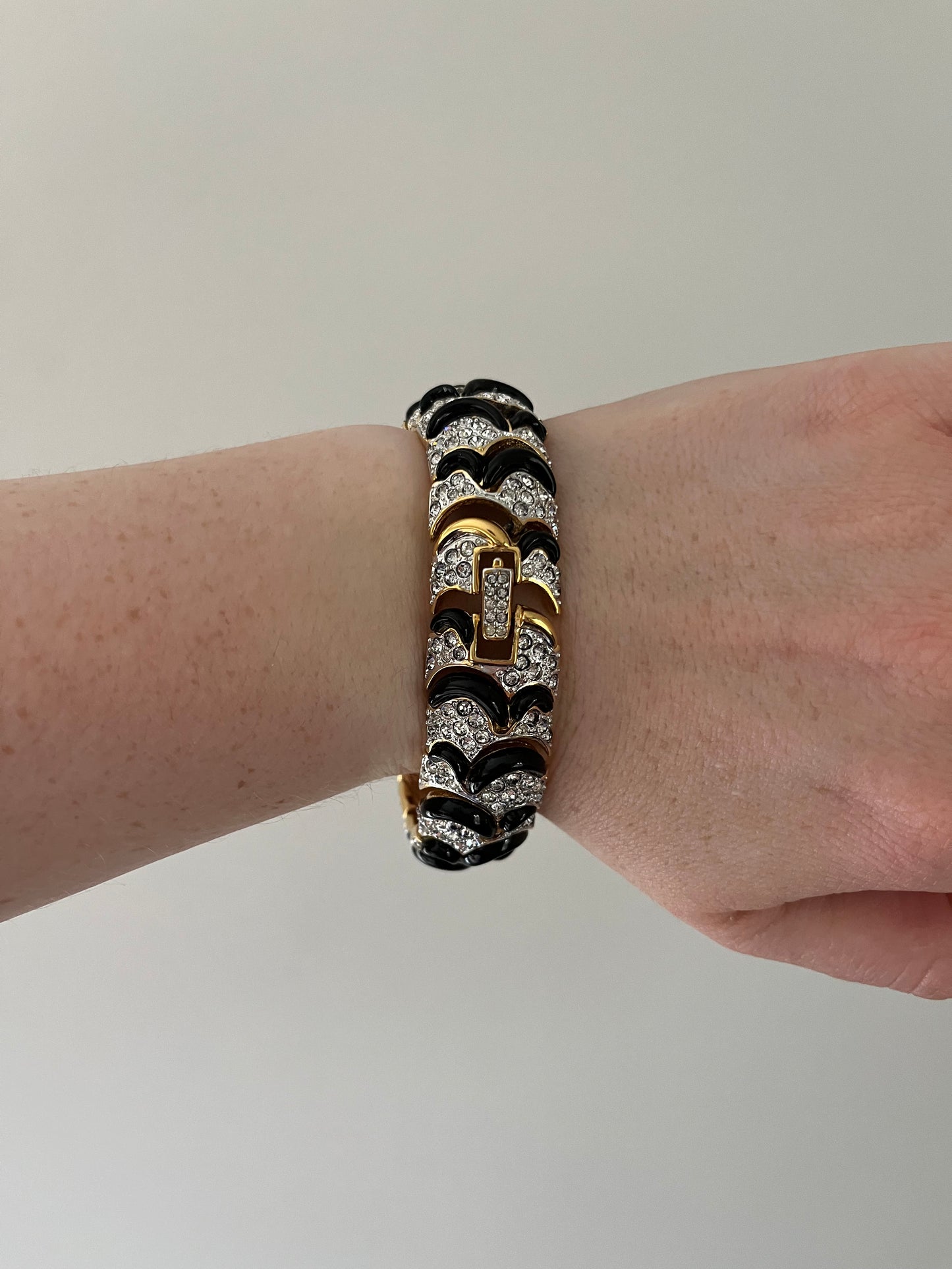 Vintage Rhinestone Encrusted Silver and Black Articulated Bracelet