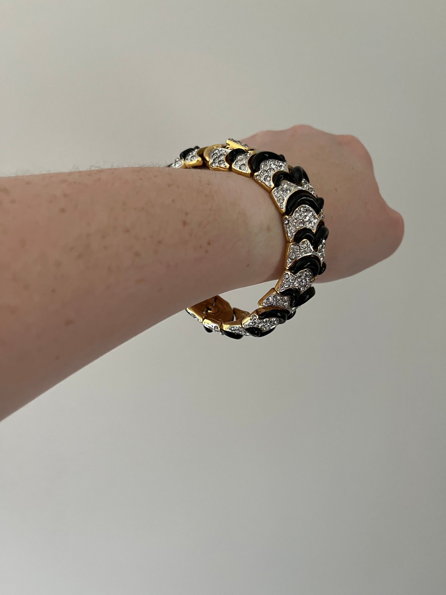 Vintage Rhinestone Encrusted Silver and Black Articulated Bracelet