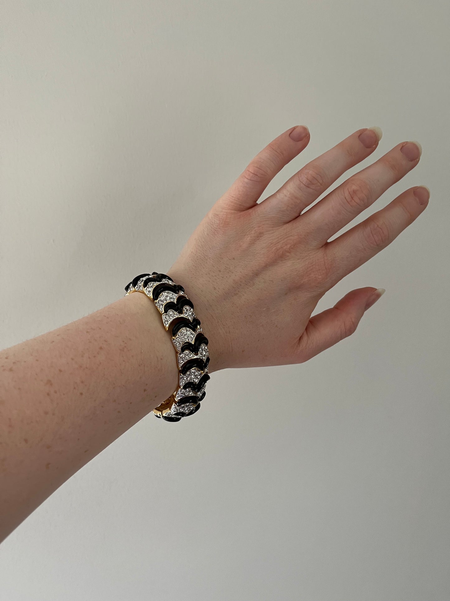 Vintage Rhinestone Encrusted Silver and Black Articulated Bracelet