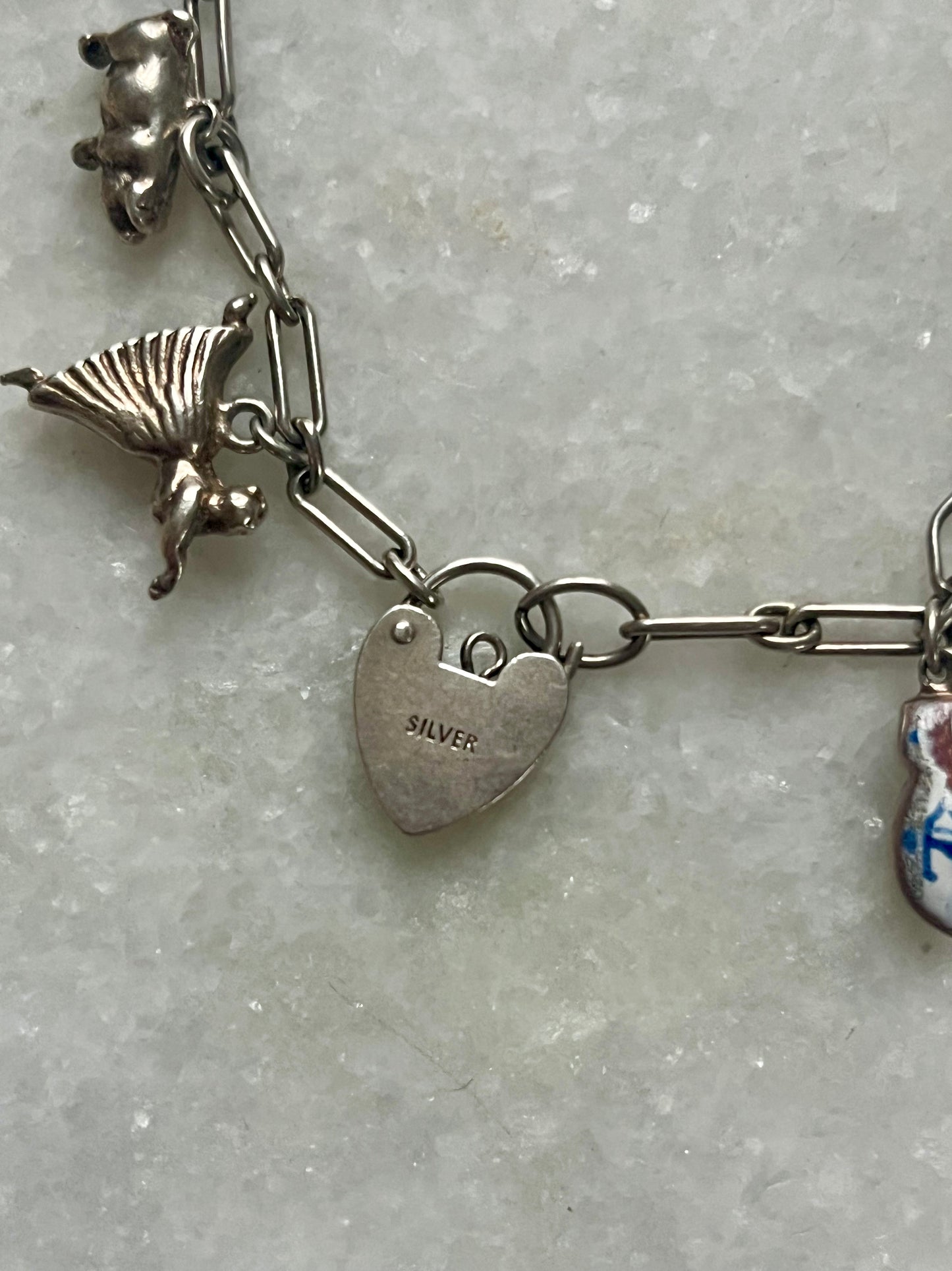 Vintage Sterling Silver Slim Charm Bracelet with 8 Charms and Heart Padlock