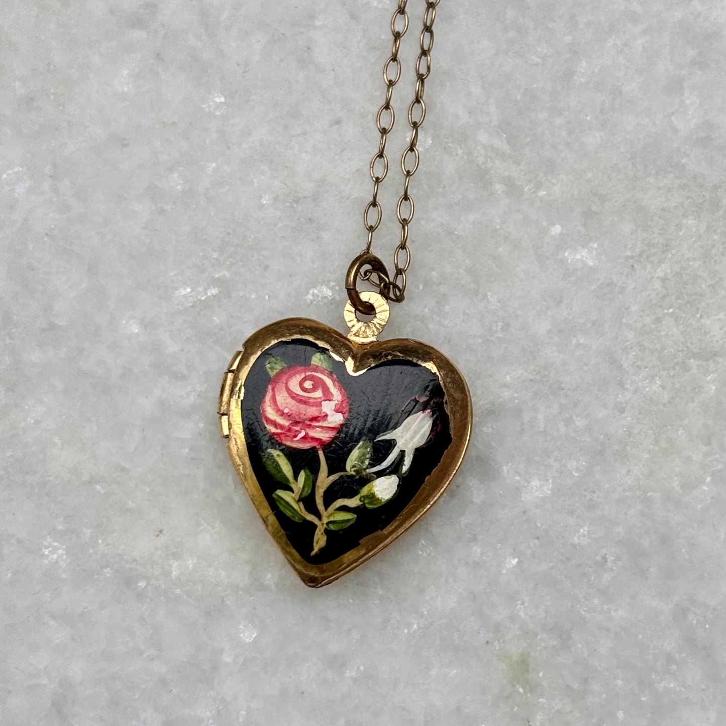 Vintage Floral Painted Gold Plated Heart Locket
