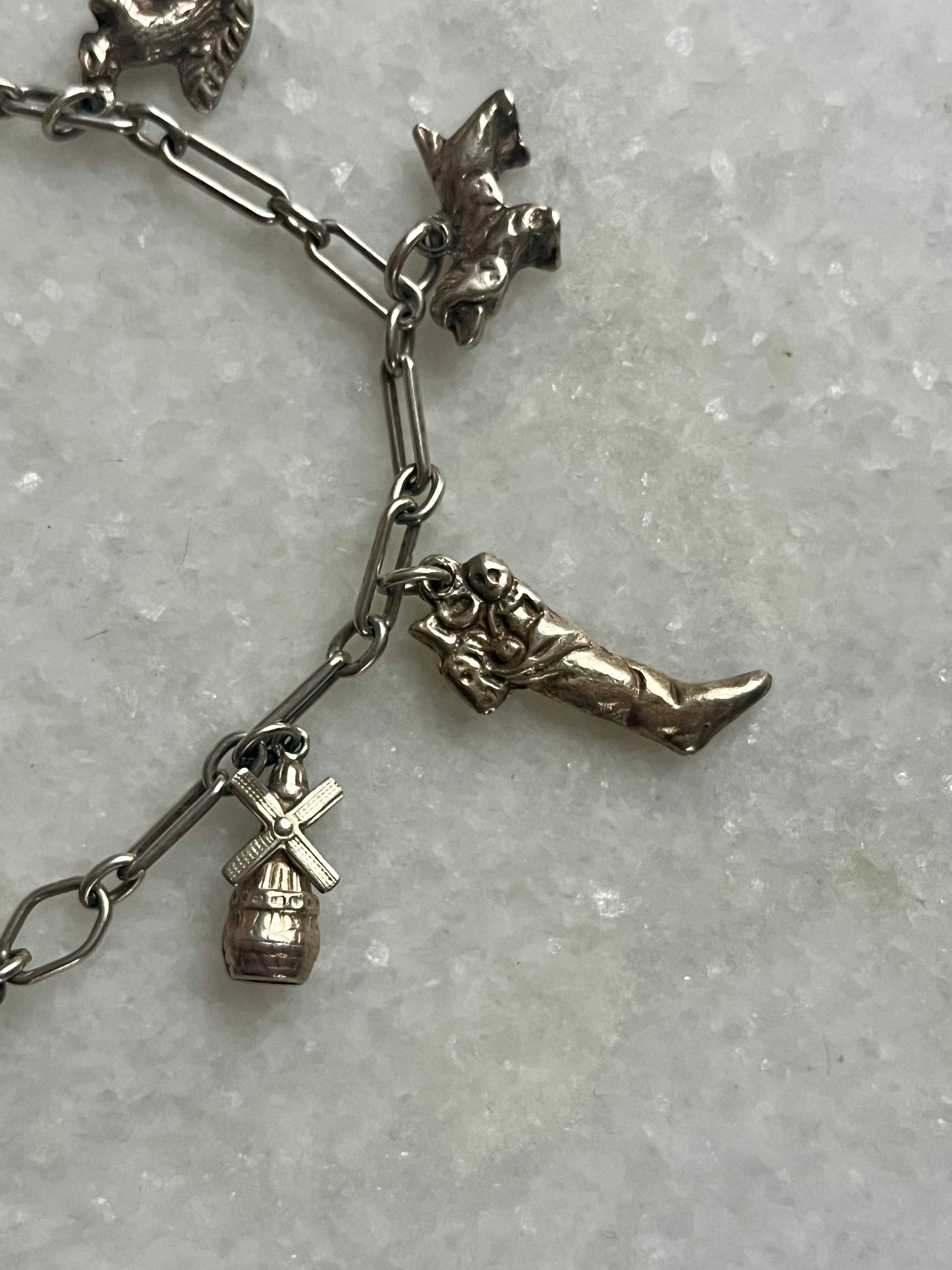 Vintage Sterling Silver Slim Charm Bracelet with 8 Charms and Heart Padlock
