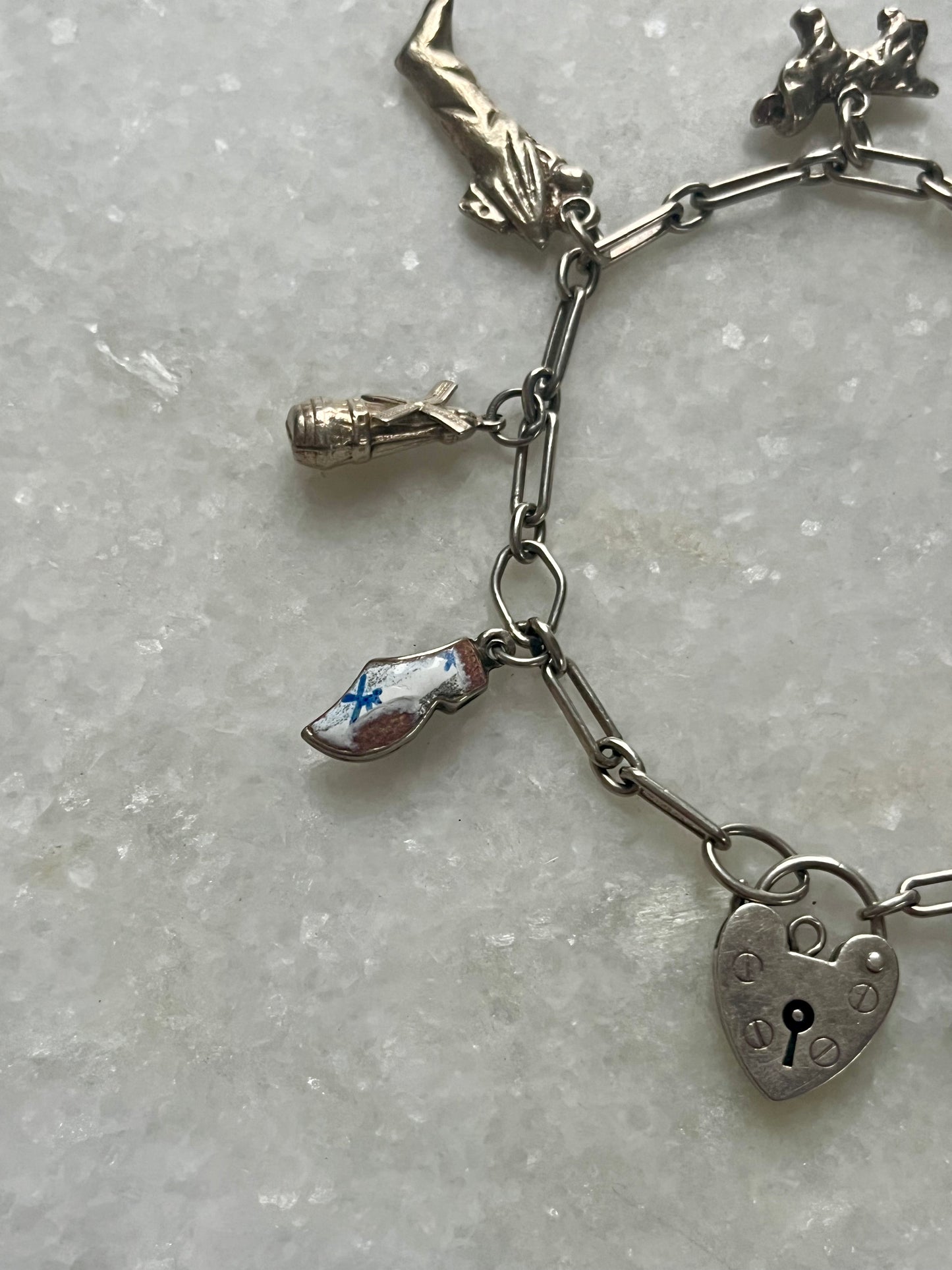 Vintage Sterling Silver Slim Charm Bracelet with 8 Charms and Heart Padlock
