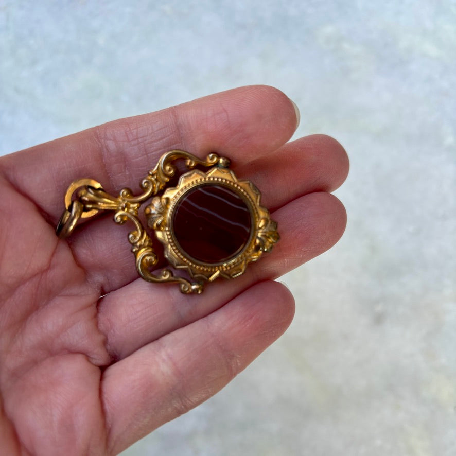 Antique Ornate Double Sided Mother of Pearl Wolf Spinner Banded Agate Fob Pendant